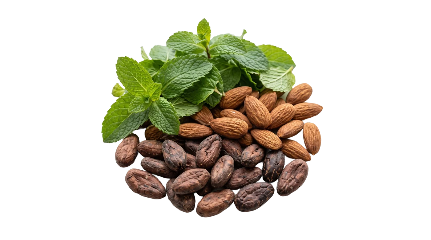 Cacao beans, almonds and fresh mint